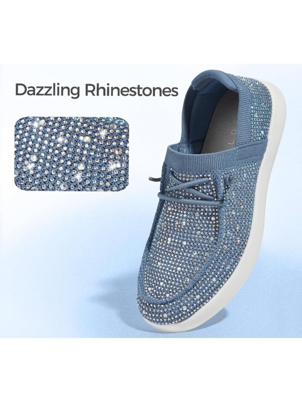 Women's Blue Knit Comfortable Slip On Rhinestone Lace Up Loafers Fashion Sneaker - Picture 3 of 7